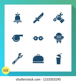 Modern, simple vector icon set on gradient background with kitchen, technology, notification, sunglasses, equipment, glasses, referee, steel, alert, spanner, helmet, call, beverage, wrench, ring icons