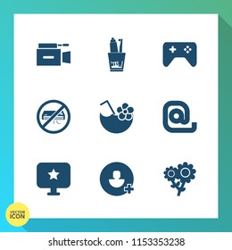 Modern, simple vector icon set on gradient background with gaming, blossom, summer, envelope, hygiene, computer, game, button, tooth, lens, media, controller, microphone, technology, care, movie icons