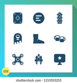 Modern, simple vector icon set on gradient background with camera, traffic, green, game, beer, card, bar, spaceship, monster, navigation, gambling, alien, interface, boot, craft, yellow, poker icons