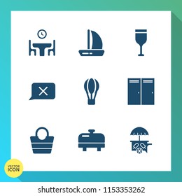 Modern, simple vector icon set on gradient background with equipment, man, ice, water, bag, dinner, closed, van, boat, restaurant, home, sailboat, wind, parachute, red, travel, hot, kitchen, air icons