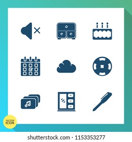 Modern, simple vector icon set on gradient background with calendar, web, music, cabinet, office, vegas, dessert, volume, game, timetable, business, sweet, drawer, money, pie, bakery, audio, day icons