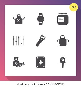 Modern, simple vector icon set on gradient background with device, apron, bird, glass, saw, time, uniform, pinafore, jar, work, equipment, concept, cook, lollipop, restaurant, game, kitchen, jam icons