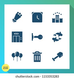 Modern, simple vector icon set on gradient background with minute, sea, birthday, lift, summer, key, bouquet, bunch, construction, tool, box, modern, timer, food, shovel, hotel, recycle, watch icons