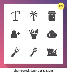 Modern, simple vector icon set on gradient background with balance, glass, jar, court, add, fork, nutrition, healthy, knife, jam, cooking, food, spoon, legal, pan, law, honey, , plastic, play icons