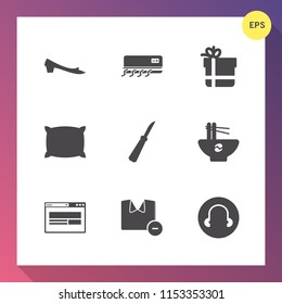 Modern, simple vector icon set on gradient background with comfortable, present, bedroom, soft, male, pillow, clothes, food, knife, temperature, noodle, gift, footwear, meal, web, conditioner icons