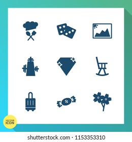 Modern, simple vector icon set on gradient background with diamond, sakura, equipment, paper, furniture, picture, jewel, chance, candy, chief, photography, white, kitchen, airport, chair, game icons