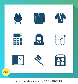 Modern, simple vector icon set on gradient background with health, furniture, lady, hygiene, young, finance, calculator, home, interior, barbecue, technology, jacket, accounting, bathrobe, face icons