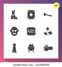 Modern, simple vector icon set on gradient background with extraterrestrial, cheeseburger, location, piece, poker, ufo, camera, footwear, silhouette, plate, service, fashion, technology, space icons