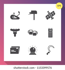 Modern, simple vector icon set on gradient background with correspondence, planet, mountain, sorcery, pub, dinner, communication, agriculture, orbit, bar, file, letter, food, space, document icons