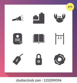 Modern, simple vector icon set on gradient background with shellfish, athlete, lamp, play, sea, crab, sweet, lock, doughnut, bulb, duck, car, flight, delicious, bear, food, literature, object icons