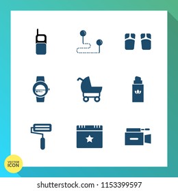 Modern, simple vector icon set on gradient background with navigation, call, map, baby, gadget, smart, watch, roller, film, microphone, telephone, celebration, old, summer, footwear, event, flip icons