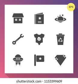 Modern, simple vector icon set on gradient background with spaceship, spanner, recycling, america, sign, real, clothing, hammer, recycle, home, web, kid, wrench, jewel, template, national, trash icons