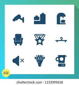 Modern, simple vector icon set on gradient background with teddy, espresso, duck, bouquet, food, armchair, kitchen, decoration, sign, security, floral, sound, digital, hanger, flower, fashion icons