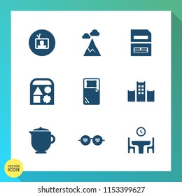 Modern, simple vector icon set on gradient background with style, sunglasses, teapot, landscape, hill, hippie, media, hotel, ball, food, information, file, chain, computer, panorama, sign, bed icons