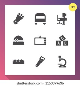 Modern, simple vector icon set on gradient background with desk, computer, food, business, notebook, hat, saw, space, white, table, office, education, work, beautiful, bouquet, alphabet, flower icons