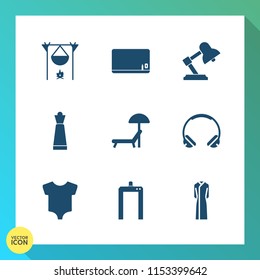 Modern, simple vector icon set on gradient background with clothing, scan, baby, umbrella, warm, flame, fireplace, machine, black, empty, modern, piece, camp, lamp, technology, table, audio, hot icons