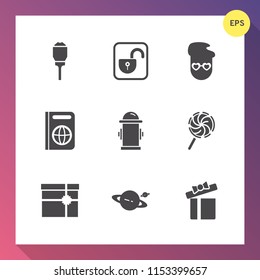 Modern, simple vector icon set on gradient background with present, lock, lollipop, food, electric, old, security, planet, lantern, space, water, gift, hydrant, safety, safe, street, light, fire icons