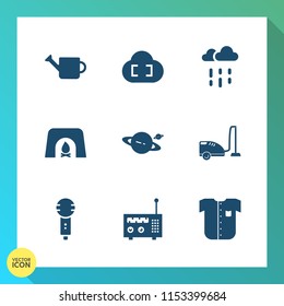 Modern, simple vector icon set on gradient background with radio, autumn, media, rain, voice, christmas, wet, music, saturn, housework, rainy, white, fire, sign, vacuum, fashion, domestic, water icons