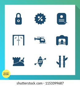 Modern, simple vector icon set on gradient background with indoors, coupon, asian, architecture, office, protection, safety, security, fire, bamboo, sailboat, travel, home, sand, percent, modern icons
