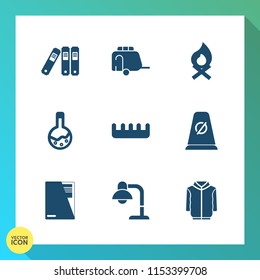 Modern, simple vector icon set on gradient background with sign, directory, laboratory, flame, comb, document, road, file, home, paper, decoration, campfire, archive, folder, transport, care icons