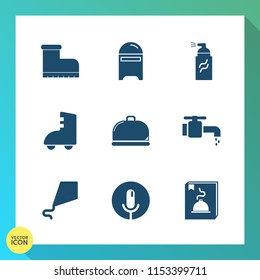 Modern, simple vector icon set on gradient background with envelope, food, letter, water, record, summer, microphone, post, sky, clothing, fun, box, skating, paint, graffiti, mailbox, sink, menu icons