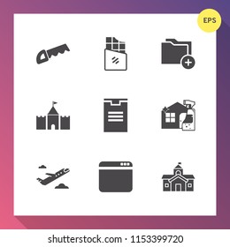 Modern, simple vector icon set on gradient background with building, web, chocolate, snack, saw, food, folder, travel, package, plane, box, house, work, website, sign, business, architecture icons