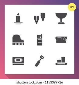 Modern, simple vector icon set on gradient background with cake, sweet, light, bag, cooking, glowing, tape, candle, summer, cassette, candlelight, piano, celebration, wax, vacation, musical, pie icons