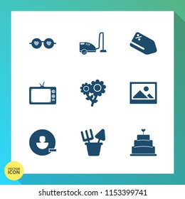 Modern, simple vector icon set on gradient background with hippie, old, art, sweet, sand, home, toy, flower, food, discount, price, fashion, white, sale, dessert, screen, housework, remove, tv icons