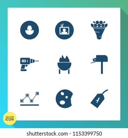 Modern, simple vector icon set on gradient background with dessert, entertainment, mailbox, barbecue, video, equipment, machine, bouquet, decoration, stats, media, mail, social, grill, head, tv icons