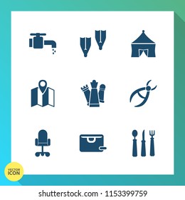 Modern, simple vector icon set on gradient background with medical, knife, road, location, office, travel, entertainment, clinic, sea, liquid, kitchen, circus, bag, water, pin, chess, drill, map icons