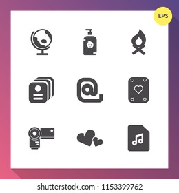 Modern, simple vector icon set on gradient background with bonfire, envelope, campfire, photographer, identity, romance, sound, globe, play, map, card, child, camera, id, poker, global, kid, hot icons