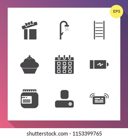 Modern, simple vector icon set on gradient background with holiday, jam, dessert, bathroom, person, glass, battery, doughnut, human, hygiene, electricity, head, celebration, wet, clean, social icons