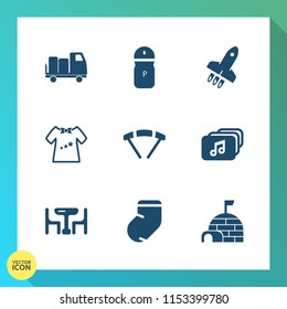 Modern, simple vector icon set on gradient background with salt, van, jump, winter, transport, baby, family, parachuting, file, food, ice, rocket, kid, shipping, child, truck, dinner, snow, warm icons
