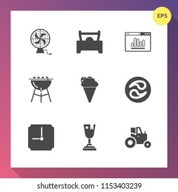 Modern, simple vector icon set on gradient background with air, sign, bbq, japanese, ice, mon, clock, transportation, award, fan, car, first, business, winner, cream, cooking, internet, barbecue icons