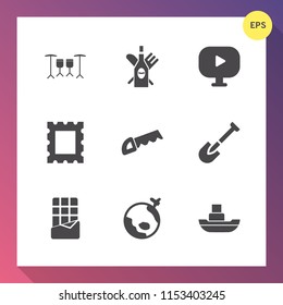 Modern, simple vector icon set on gradient background with saw, photo, red, flight, airplane, travel, play, wine, bar, glass, alcohol, ocean, drum, dessert, sea, vessel, sweet, construction icons