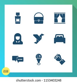 Modern, simple vector icon set on gradient background with hand, house, graphic, speech, xray, vehicle, beautiful, home, location, diagnostic, woman, equipment, fashion, curtain, human, art, bag icons