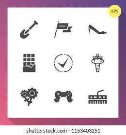 Modern, simple vector icon set on gradient background with nature, blossom, white, liquid, nation, check, equipment, construction, food, tool, joystick, candy, wine, female, screwdriver, elegant icons