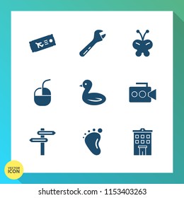 Modern, simple vector icon set on gradient background with fly, vacation, camera, hammer, ticket, film, repair, airplane, insect, direction, device, computer, small, animal, equipment, beauty icons