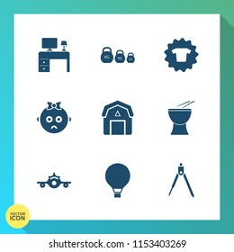 Modern, simple vector icon set on gradient background with computer, measurement, clothes, space, business, desk, table, top, barn, departure, tool, fashion, instrument, work, flight, equipment icons