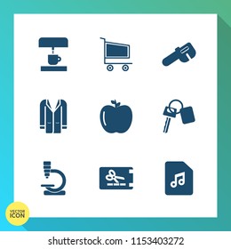 Modern, simple vector icon set on gradient background with fruit, sale, automobile, fashion, music, shop, repair, equipment, hammer, note, price, coupon, fresh, cup, vehicle, retail, work, key icons