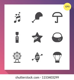 Modern, simple vector icon set on gradient background with air, wheel, plastic, meat, gallon, ship, purified, rain, musical, umbrella, meteorology, sailboat, park, water, bag, melody, note, food icons