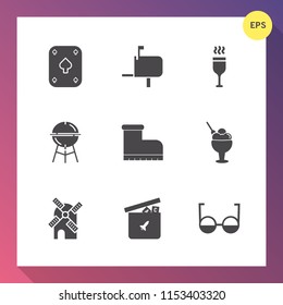 Modern, simple vector icon set on gradient background with cream, meat, bbq, electricity, communication, glass, game, box, card, casino, mill, eyeglasses, ball, wind, eye, style, ice, bear, send icons