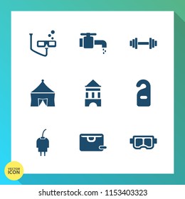 Modern, simple vector icon set on gradient background with charger, chrome, power, network, fitness, , summer, technology, weight, fun, mask, festival, equipment, scuba, recreation, clean, sink icons