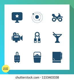 Modern, simple vector icon set on gradient background with science, road, computer, extreme, sign, training, quad, water, planet, bucket, film, travel, bag, drink, presentation, luggage, sand icons