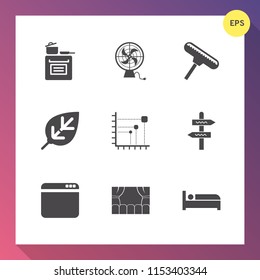 Modern, simple vector icon set on gradient background with white, home, food, plant, brush, cooling, web, stove, tool, foliage, leaf, roller, diagram, way, direction, hotel, ventilator, green icons