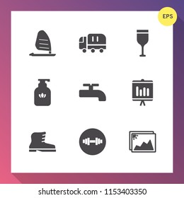 Modern, simple vector icon set on gradient background with truck, frame, soap, image, gym, business, wine, restaurant, fitness, bottle, cargo, leather, style, footwear, hygiene, report, sport icons