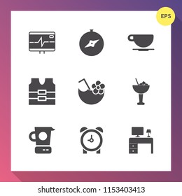 Modern, simple vector icon set on gradient background with time, heart, cocktail, coffee, mug, mixer, map, espresso, south, watch, summer, bar, pulse, cup, hour, desk, alcohol, cafe, protective icons
