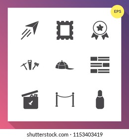 Modern, simple vector icon set on gradient background with hat, border, decoration, competition, clothing, paper, concept, picture, frame, toy, airplane, fly, victory, hammer, aircraft, pattern icons