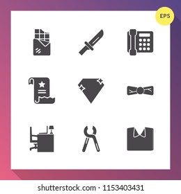 Modern, simple vector icon set on gradient background with desk, restaurant, telephone, office, industrial, tool, reparation, steel, business, cutlery, diamond, food, file, tie, shirt, phone icons