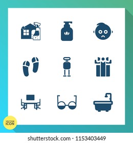 Modern, simple vector icon set on gradient background with cyborg, house, housework, care, technology, table, futuristic, celebration, holiday, desk, infant, bottle, work, business, spray, gift icons